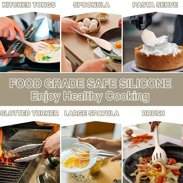 Set of Silicone Cooking Tools Including a Nonstick Spatula, Turner, And Spoon