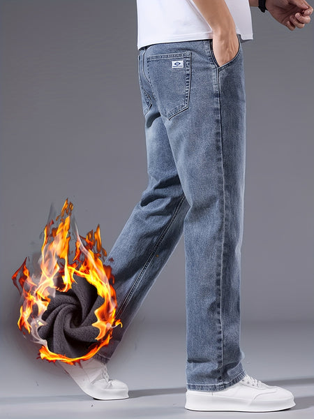 Vintage Men's -Lined Thickened Loose Straight-Leg Jeans - 092+1# Autumn/Winter New Style, Simple and Versatile with Slight Stretch