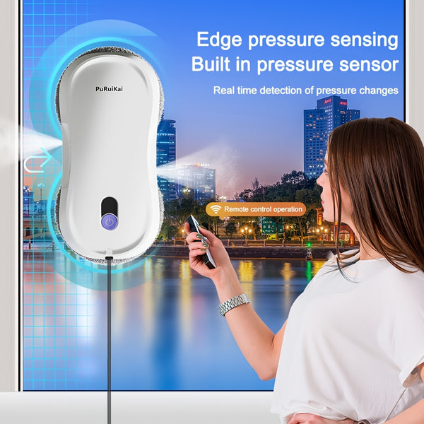 PuRuiKaiM8 Fully Automatic Plug-in Intelligent Window Cleaning Robot (2026 Latest Model) with Automatic Bidirectional Water Spray with Remote Control, 4.5-meter Anti Fall Safety Rope, Including 10 Cleaning Cloths And Spray Bottles
