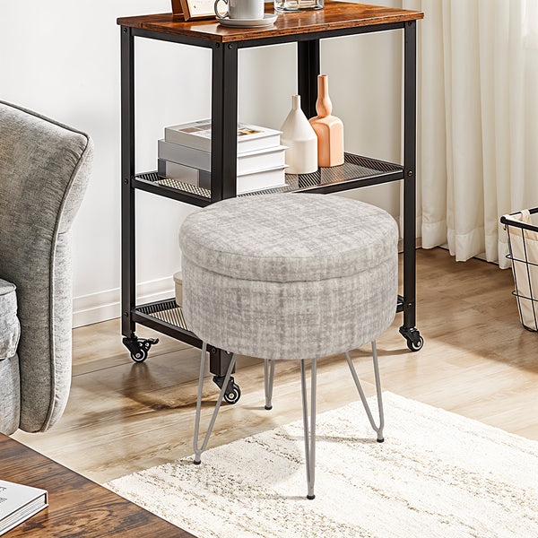 1pc Round Footrest Stool Ottoman with Storage, Makeup Vanity Chair Stool Side Table, Dressing Table Stool with Metal Legs, Couch Stool Portable Space-saving Lounge Chair for Living Room Bedroom Office Kitchen, 38x38x48cm (White)