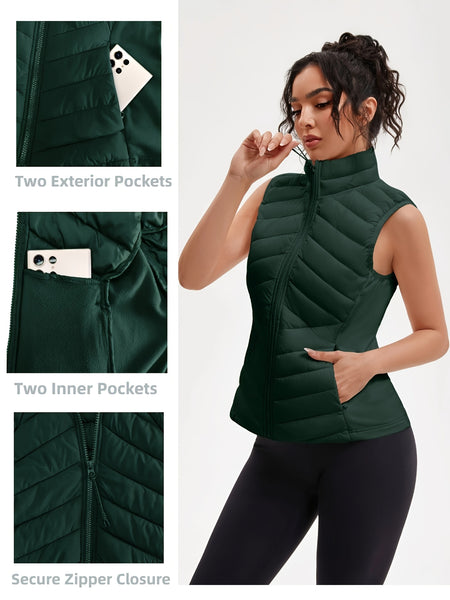 Women's Lightweight Outdoor Puffer Vest, Multi-Pocket Design, Elastic Waist Wrapping for Snug Warmth, Unique Zipper, Stand Collar, Polyester Filled