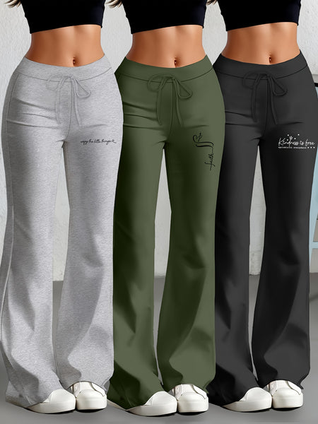 European and American Spring/Summer New Fashion Women's Bottoms: Flared Straight-Leg Pants with Classic English Text Print, Daily Casual Butt-Lifting Peach Butt Long Pants, Three-Piece Set