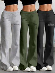 European and American Spring/Summer New Fashion Women's Bottoms: Flared Straight-Leg Pants with Classic English Text Print, Daily Casual Butt-Lifting Peach Butt Long Pants, Three-Piece Set