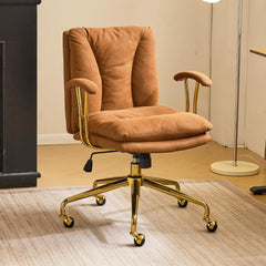 Office Chair Desk Chair with Wheels & Removable Armrests Gold Base Vanity Chair with Back Adjustable Rolling Swivel Computer Task Chair PU Leather