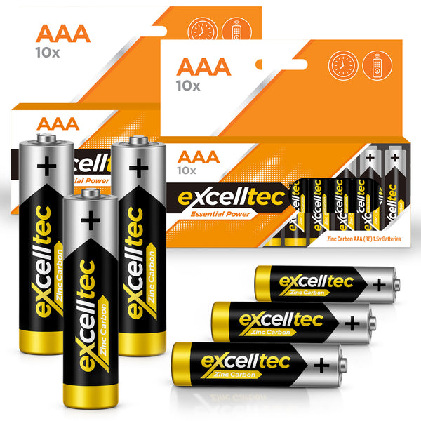 20 Pack Excelltec AA / AAA Batteries | 1.5V Zinc Carbon Dry Cell 1000mAh Battery for Low Drain Devices | Non-Rechargeable Primary Cell Batteries for Remote Controls, Clocks, Flashlights, Alarms, Radios & More | Long Shelf Life Disposable AA AAA Battery Pa