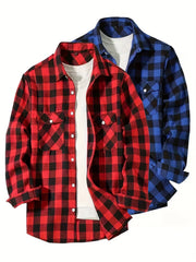 3 Men'S Plaid Shirt Top Lapel Long Sleeve Closure Men'S Casual Shirt Suitable for Men'S Daily Holiday Street Wear Casual Plaid Shirt Four Seasons Fashion Comfortable Fit Red, Blue And Black 3-Color Combination Pc Button Collar Chest Pocket
