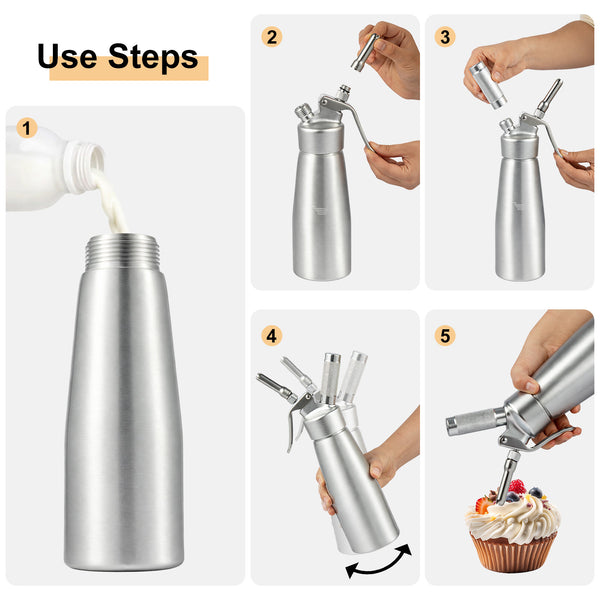 500ml butter whipper with 3 decorative nozzles. Professional butter whipper suitable for cakes, desserts, coffee, milkshakes, and home baking.