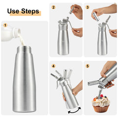 500ml butter whipper with 3 decorative nozzles. Professional butter whipper suitable for cakes, desserts, coffee, milkshakes, and home baking.