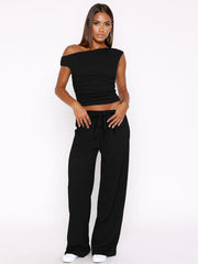 KatchMe Women's 2-Piece Outfit - Sloping Shoulder Top & Wide Leg Pants Set, Shirred Detail Matching Coord, Minimalist Solid Color Two Piece
