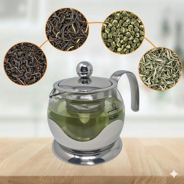 Glass Teapot with Stainless Steel Infuser, 800ml Borosilicate Tea Pot, Clear Modern Design with Strainer for Loose Tea, 4-6 Cups