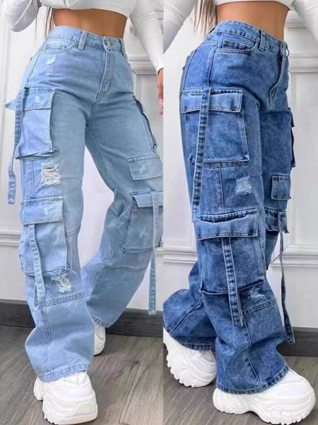 2025 New European And American Fashion Solid Color Versatile Plus-Size High-Waist Multi-Pocket Casual Cargo Jeans