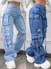 2025 New European And American Fashion Solid Color Versatile Plus-Size High-Waist Multi-Pocket Casual Cargo Jeans
