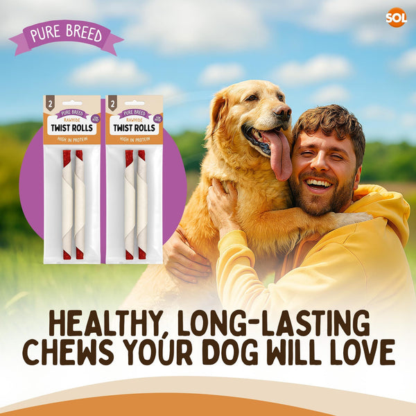 Pure Breed 4pk Long Lasting Dog Chew Twist Rolls | Low Fat Dental Dog Treat Sticks | Rawhide High Protein Dog Treats for Small & Medium Dogs | Natural Chew Snacks for Oral Health, Training & Rewards