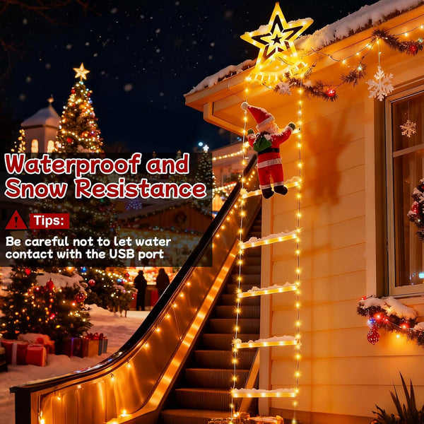 Fohil 9.8FT Christmas Ladder Lights with Top Star & Climbing Santa, Waterproof Outdoor Christmas Lights 8 Lighting Modes, Outdoor Christmas Decorations for Window Garden Wall Tree Xmas Decor