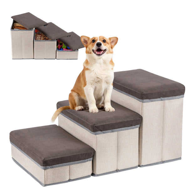 Foldable Dog Stairs, 3 Tier Pet Steps with Storage, Adjustable Dog Ramp for Bed and Sofa, Soft Flannel Pet Stairs for Small & Medium Dogs and Cats