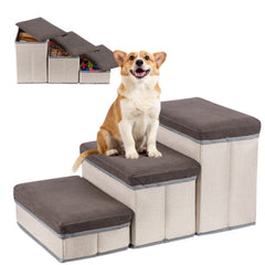 Foldable Dog Stairs, 3 Tier Pet Steps with Storage, Adjustable Dog Ramp for Bed and Sofa, Soft Flannel Pet Stairs for Small & Medium Dogs and Cats