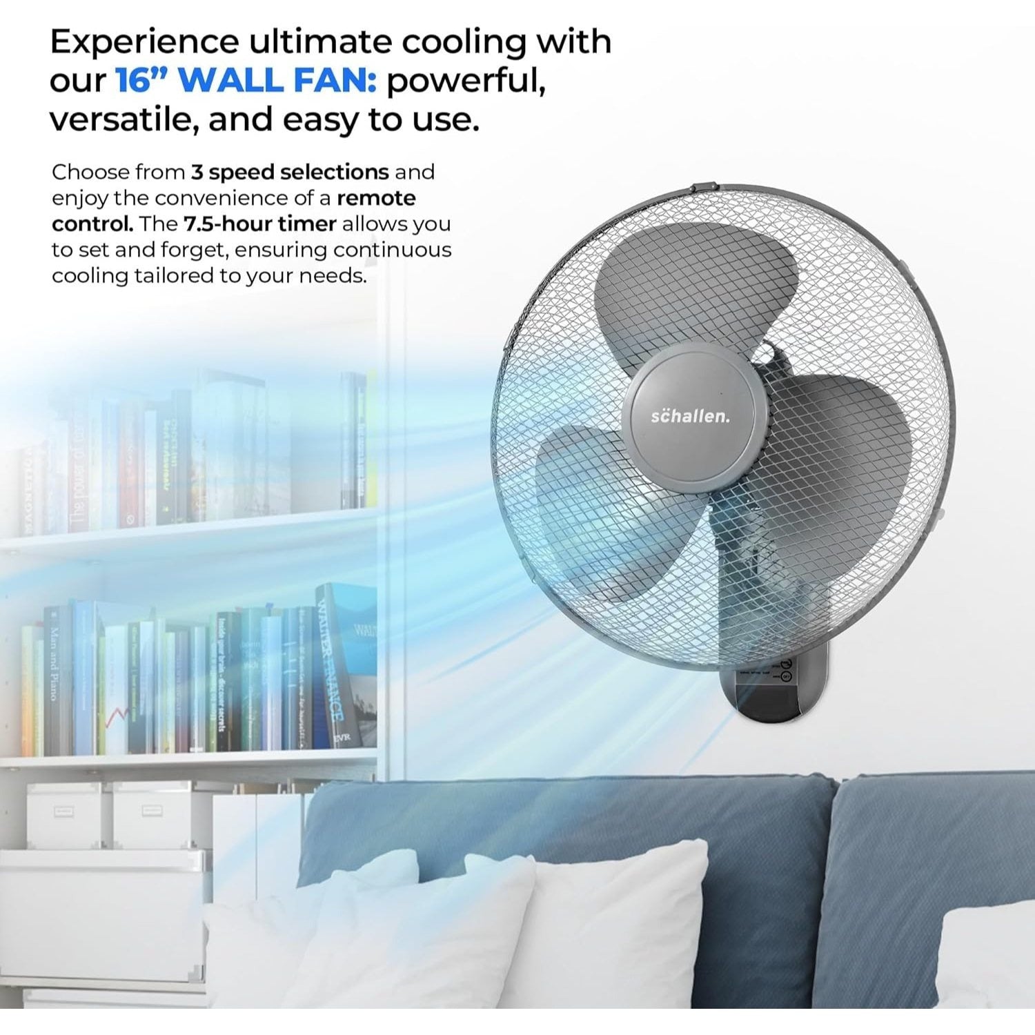 Schallen GREY 16 Inch Wall Mounted Fan with Remote Control, Oscillating Cooling Fan 40cm, 3 Speed Settings, Timer Function, Quiet Wall Fan for Bedroom, Office, Kitchen, Garage, Home Cooling Fan UK, Adjustable Tilt Air Circulator, Energy Efficient Wall Fan