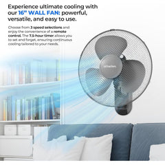 Schallen GREY 16 Inch Wall Mounted Fan with Remote Control, Oscillating Cooling Fan 40cm, 3 Speed Settings, Timer Function, Quiet Wall Fan for Bedroom, Office, Kitchen, Garage, Home Cooling Fan UK, Adjustable Tilt Air Circulator, Energy Efficient Wall Fan