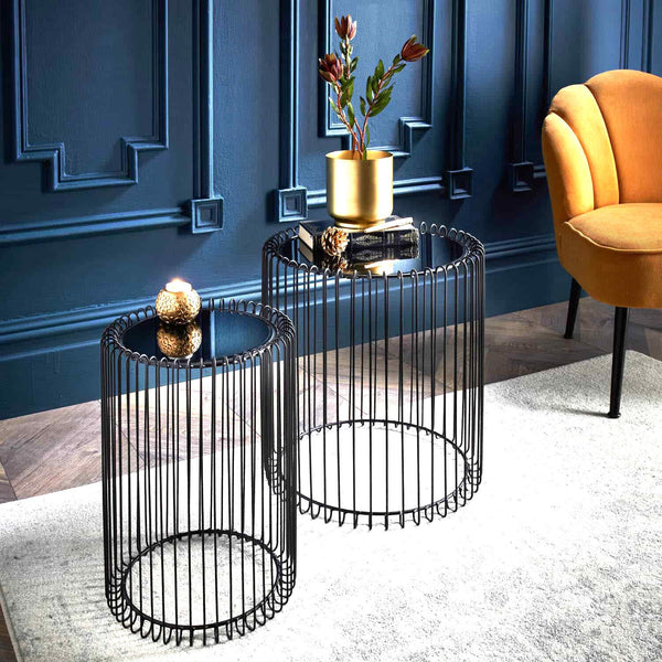 Set of 2 Round Cage Coffee Tables with Mirrored Tops Modern Side Tables for Living Room Decor