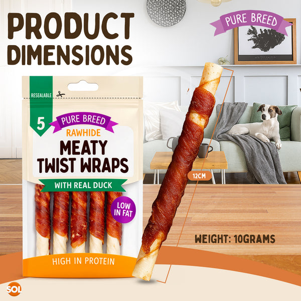 Pure Breed 10 Pack Meat Wrapped Rawhide Dog Treats | Duck Chews for Dogs | High-Protein & Low-Fat Natural Dog Chew Sticks | Long-Lasting Rawhide Twists for Small & Large Breeds | Promotes Healthy Teeth & Great for Training, Rewards, and Chewing Satisfacti