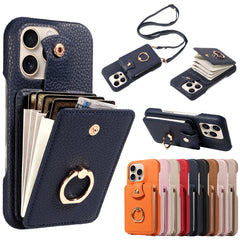 Multi Functional Phone Case for iPhone 17 Pro Max 16 15 14 13 12 11 Faux Leather Accordion Flip Cover with Ring Holder Crossbody Strap Long Lanyard Multi Card Slots Anti Drop