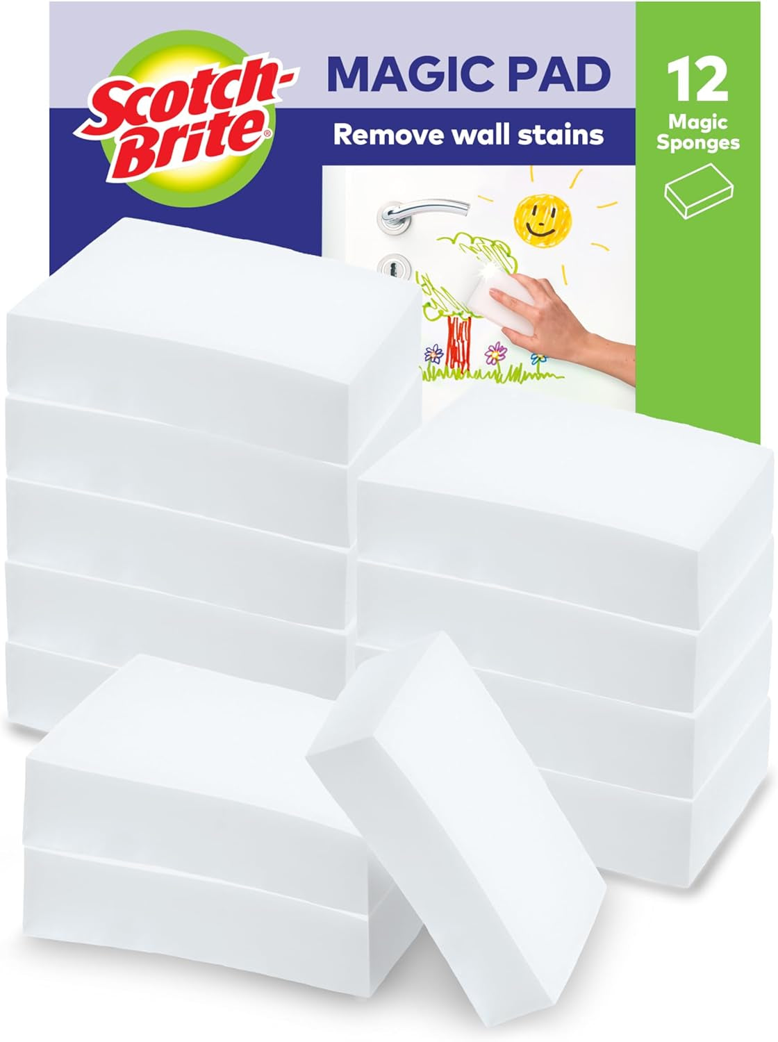 Scotch-Brite Magic Easy Eraser Sponge, Melamine Cleaner, Value Pack of 12 Pads - Removes Stains from Walls, Shoes, Sinks & More without Chemicals, White
