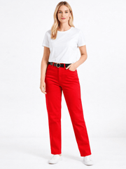 Women's Straight Leg Mid-Rise Chino Trouser Soft Denim Jeans in Blue and Red in Short Regular Long Size 6 8 10 12 14 16 18