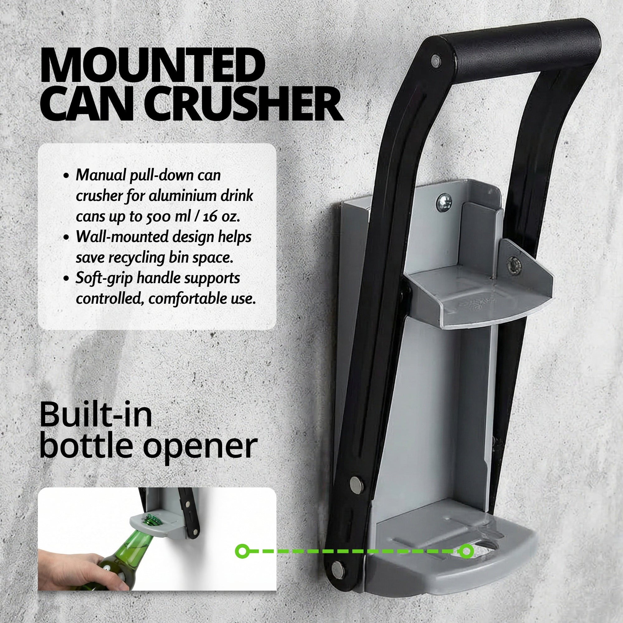 Heavy-Duty Wall-Mounted Can Crusher – 16oz/500ml with Non-Slip Handle