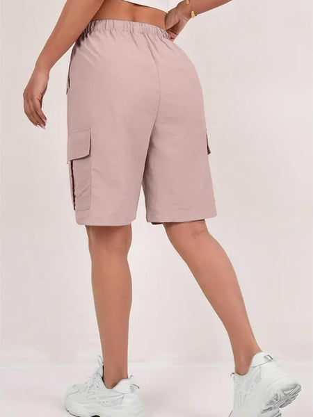1pc Women' Elastic Waist Drawstring Cargo Shorts with Button Flap Pockets - Knee-Length Bermuda Utility Shorts Suitable for, Camping, Casual Wear, Machine Washable Multi- Shorts for Outdoor & Daily Outfits