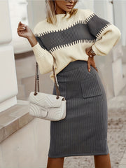 Chic Women's Ribbed Two-Piece Set: Color Block Sweater& Midi Skirt- Comfortable, Shaping Casual Wear for Fashion-Forward Ladies
