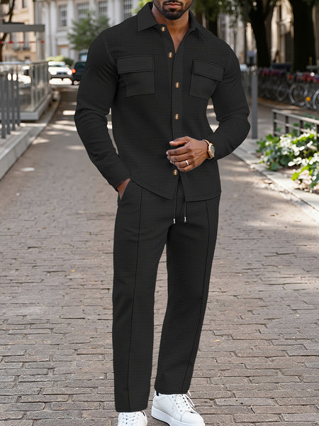 Spring And Autumn Men's Long Sleeved Pants with A Sense Of Luxury And Retro Temperament Featuring Lapel Pockets And Button Long Sleeved Jackets And Versatile Casual Pants Men's 2pcs Clothing Set