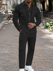 Spring And Autumn Men's Long Sleeved Pants with A Sense Of Luxury And Retro Temperament Featuring Lapel Pockets And Button Long Sleeved Jackets And Versatile Casual Pants Men's 2pcs Clothing Set