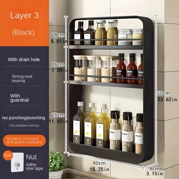 1pc Wall-Mounted Kitchen Storage Shelf – Multi-Purpose Storage Rack for Kitchen Spices, Bathroom Toiletries, Bedroom Decor – No-Tool Installation (Black/White)