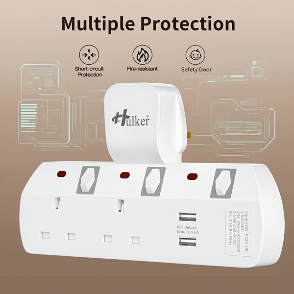 Hulker 3-Way UK Plug Switched Socket with 2 USB | Multi Plug Extension, Wall Plug Adapter, Turn 1 into 3, Surge Protection Power Extension Adapter, British Specification Plug, Operating Voltage 110V/220V