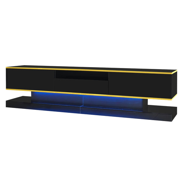 180cm LED TV Stand with 3 Drawers & Open Shelf, High Gloss Modern TV Cabinet with RGB Lights & Gold Trim, PB Board Entertainment Center for Living Room, Gaming & Home Theater - Holds up to 65 Inch TV, Smooth Glide Drawers, Scratch-Resistant, Easy Assembly