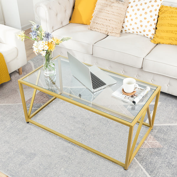 Modern Glass Coffee Table with Golden Frame - Minimalist Tempered Glass Top Center Table Suitable for Living Room, Easy Assembly, Sturdy Metal Frame & Glass, Sofa Side Tea Table