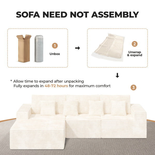 Modular Sectional Cloud Couches with L-Shaped Chaise | Corduroy Fabric Upholstered Deep Boneless Sofa for Living Room, Bedroom | Light, Memory Foam, Velvet Upholstery, Cushion-Back, No Assembly Required, Nalupatio Brand