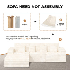 Modular Sectional Cloud Couches with L-Shaped Chaise | Corduroy Fabric Upholstered Deep Boneless Sofa for Living Room, Bedroom | Light, Memory Foam, Velvet Upholstery, Cushion-Back, No Assembly Required, Nalupatio Brand