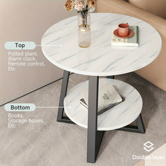 Marble Effect Round Small Coffee Tea Table 2 Tier White Grey Sofa Side Tables Living Room Bedroom Corner Plant Pot Stand Flower Pot Holder Display Shelf Metal Base