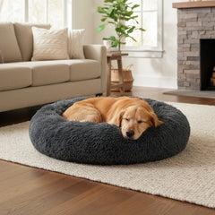 40/50/60/70cm Round Plush Donut Dog/Cat Bed Cuddler Pet Cushion Self-Warming Bed Washable Dog Bed with Non-Slip and Waterproof Bottom Calming Dog Bed