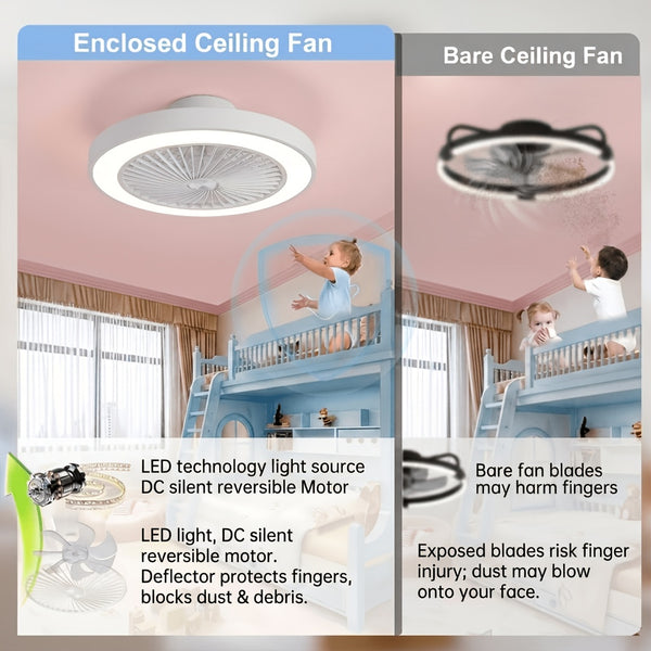 Low Profile Ceiling Fans with Lights, 50.04cm Enclosed Ceiling Fan Flush Mount, 3000K-6000K Smart Bladeless LED Fan Light, White Black Modern Ceiling Fans with Lights for Bedroom Dimmable LED 6 Speeds Reversible Timing