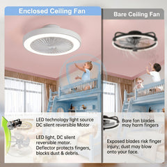 Low Profile Ceiling Fans with Lights, 50.04cm Enclosed Ceiling Fan Flush Mount, 3000K-6000K Smart Bladeless LED Fan Light, White Black Modern Ceiling Fans with Lights for Bedroom Dimmable LED 6 Speeds Reversible Timing