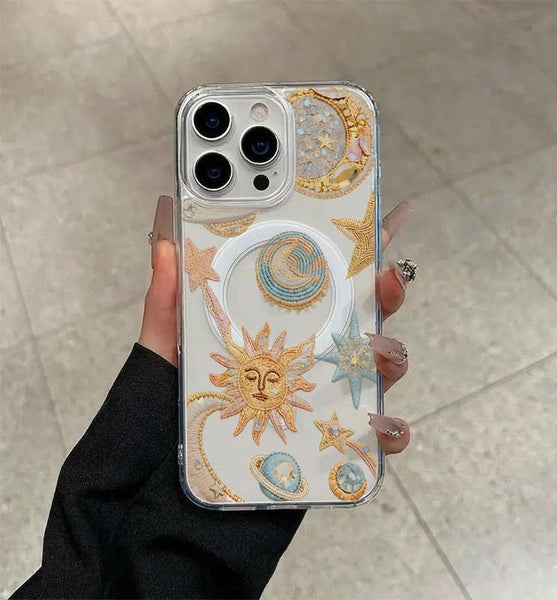Phone Case: Sun Moon Star Embroidery Print Transparent Magnetic Acrylic Phone Case Easy Charging Compatible with iPhone 11 12 13 14 15 16 17 Pro Max Plus Air
