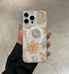 Phone Case: Sun Moon Star Embroidery Print Transparent Magnetic Acrylic Phone Case Easy Charging Compatible with iPhone 11 12 13 14 15 16 17 Pro Max Plus Air