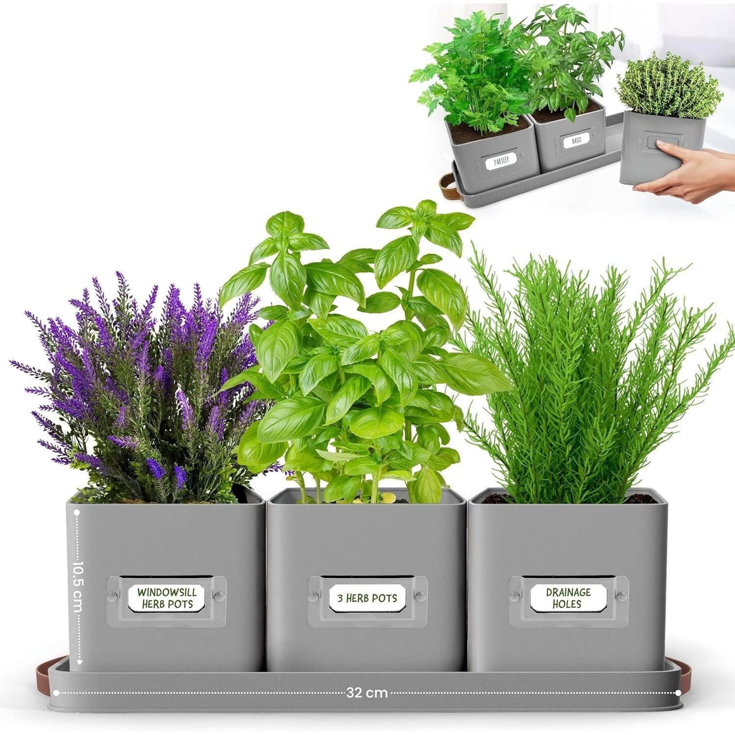 Herb Pots for Kitchen Windowsill - Set of Herb Planter Indoor with Leather Handled Tray - Ideal for an Indoor Herb Garden, Plants and Flowers - Labels Included