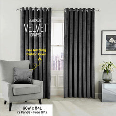 2pc Luxury Velvet Curtain Panels with Free Matching Velvet Cushion Cover – Thermal Insulated Grommet Top Drapes, Energy Saving Curtain Panels for Bedroom & Living Room Home Decor, Perfect Holiday Gift