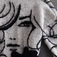 Women'S Abstract Batwing Sleeve Cardigan Sweater - High Neck & Contrast with Greyish- Tones, Mid-Length Casual Winter Fall Jacket, Cozy Character Pattern Design for Layering, Semi-Formal & Casual Attire, Cardigan Sweaters for Women
