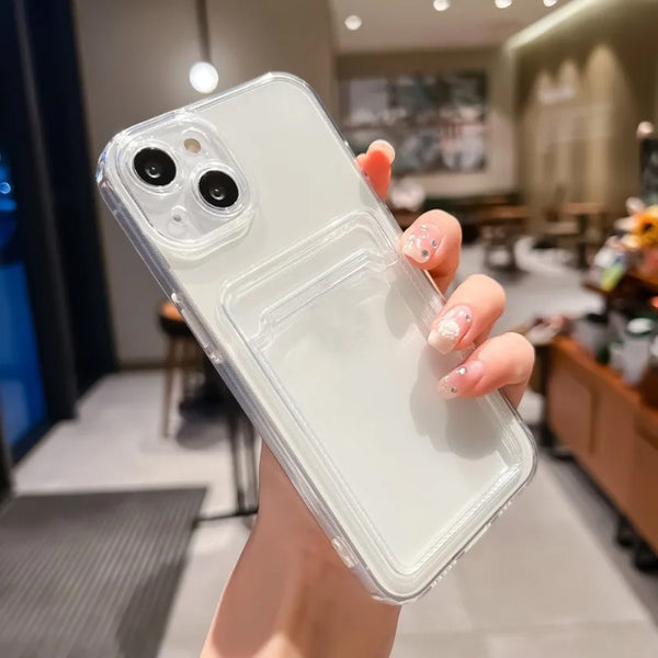 Phone case: Electroplated Transparent Card Slot Holder Case for iPhone 15 14 Plus 13 12 11 Pro Max Plating Photo Pocket Shockproof Cover