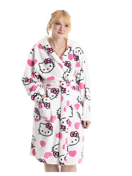 Hello Kitty Womens White Hooded Bathrobe | Cosy Fleece Loungewear with Pink Accents & Long Sleeves | Cartoon Character Design | Perfect for Relaxing Days | Hello Kitty Merch - Medium
