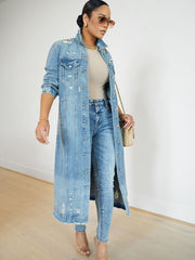 New Style Ripped Denim Jacket with Genuine Pockets - Long Women's Denim Jacket